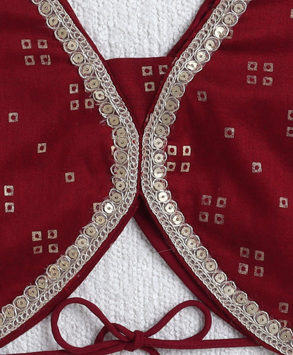 Woven Half Slevees Bandhani Printed Choli and Lehenga set with Dupatta- Maroon