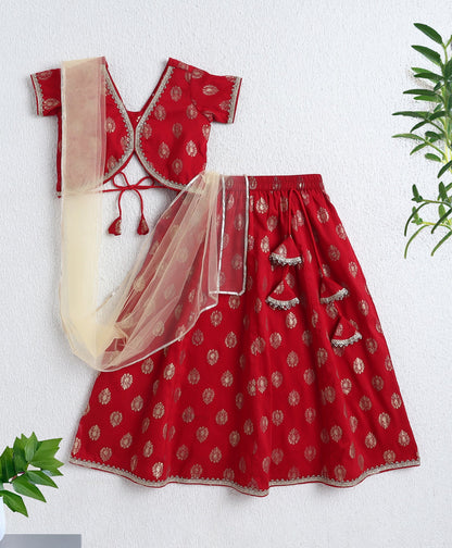 Woven Half Slevees Printed Choli and Lehenga set with Dupatta- Red