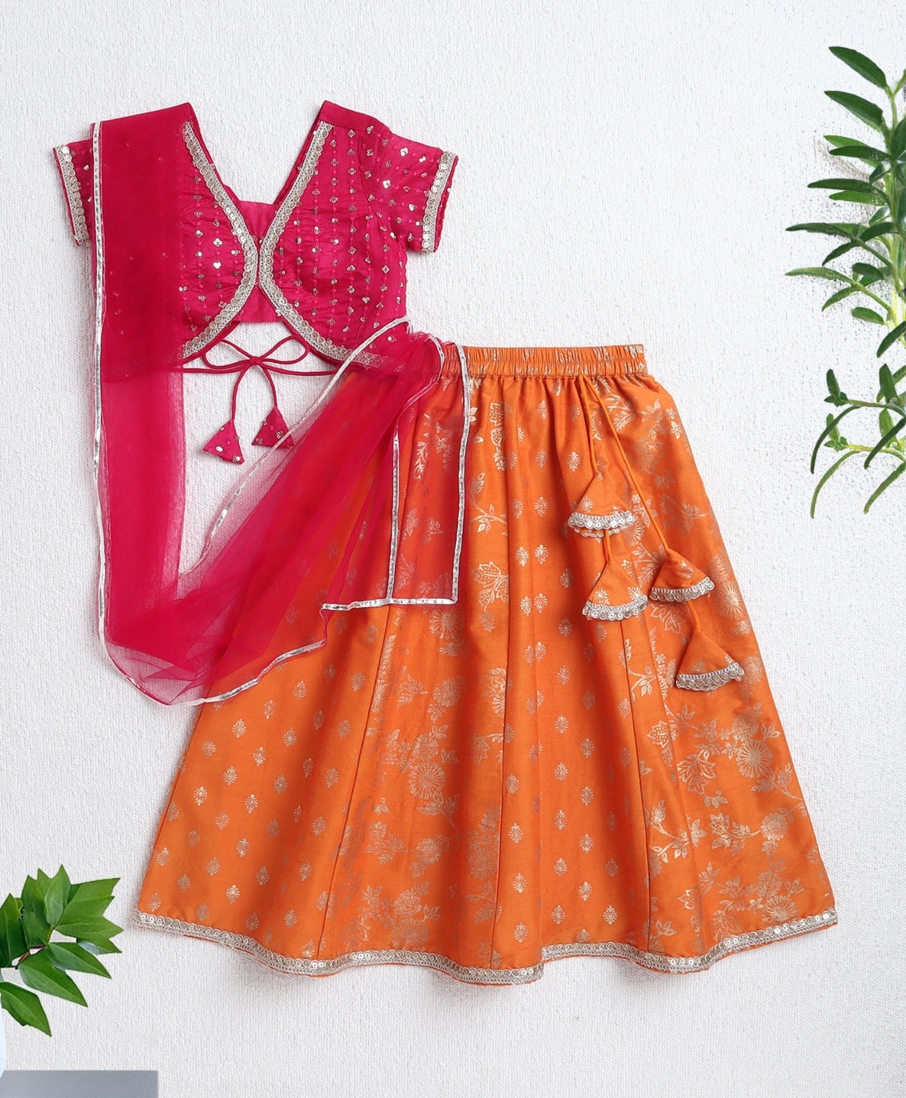 Woven Half Sleeves Sequins work Choli and Foil Lehenga Set with Dupatta-  Fuchsia