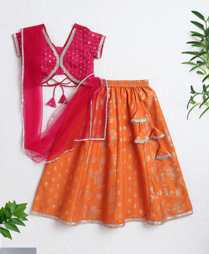Woven Half Sleeves Sequins work Choli and Foil Lehenga Set with Dupatta-  Fuchsia