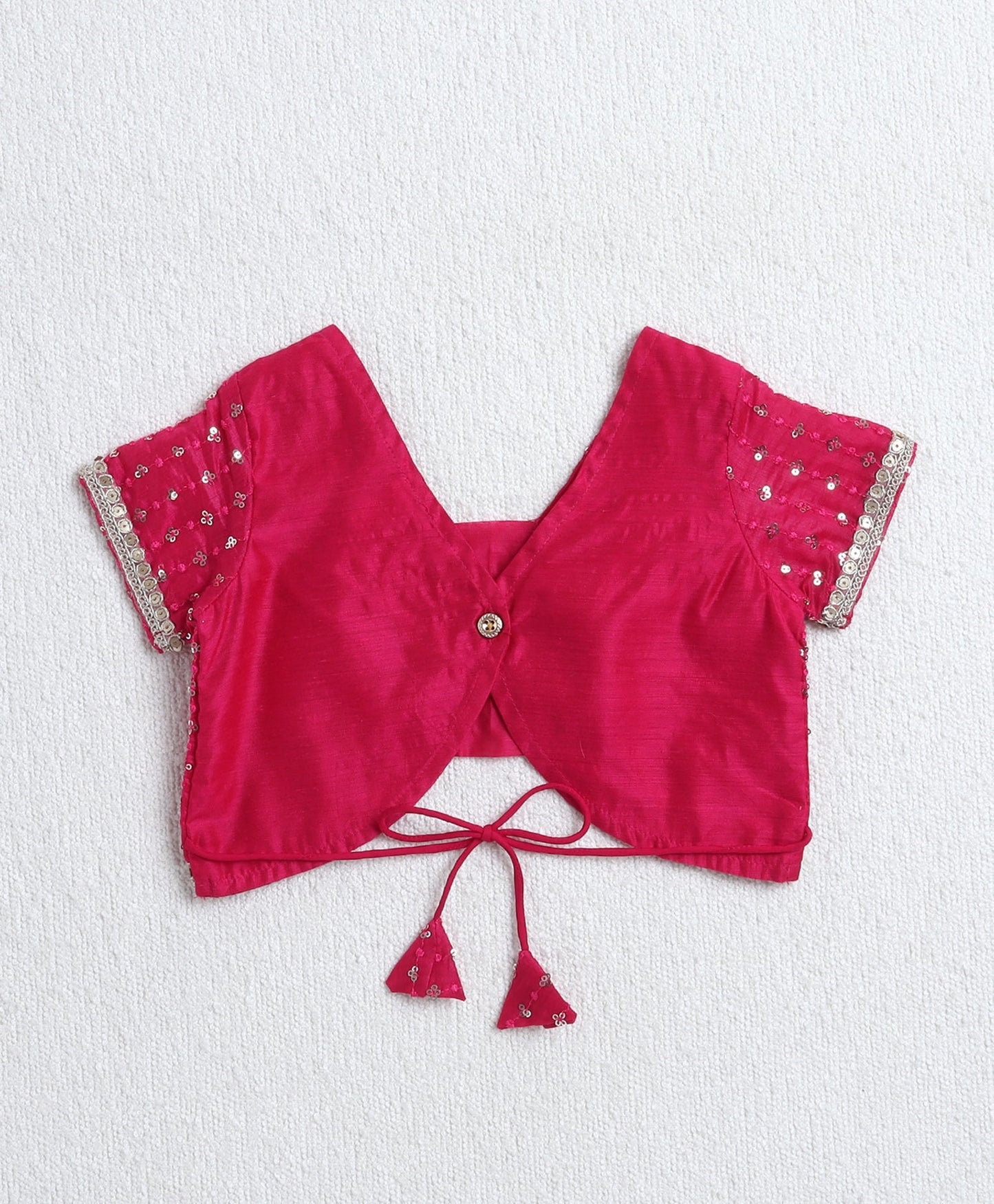 Woven Half Sleeves Sequins work Choli and Foil Lehenga Set with Dupatta-  Fuchsia