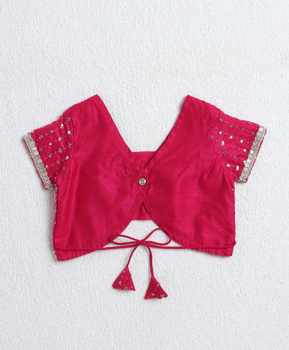 Woven Half Sleeves Sequins work Choli and Foil Lehenga Set with Dupatta-  Fuchsia