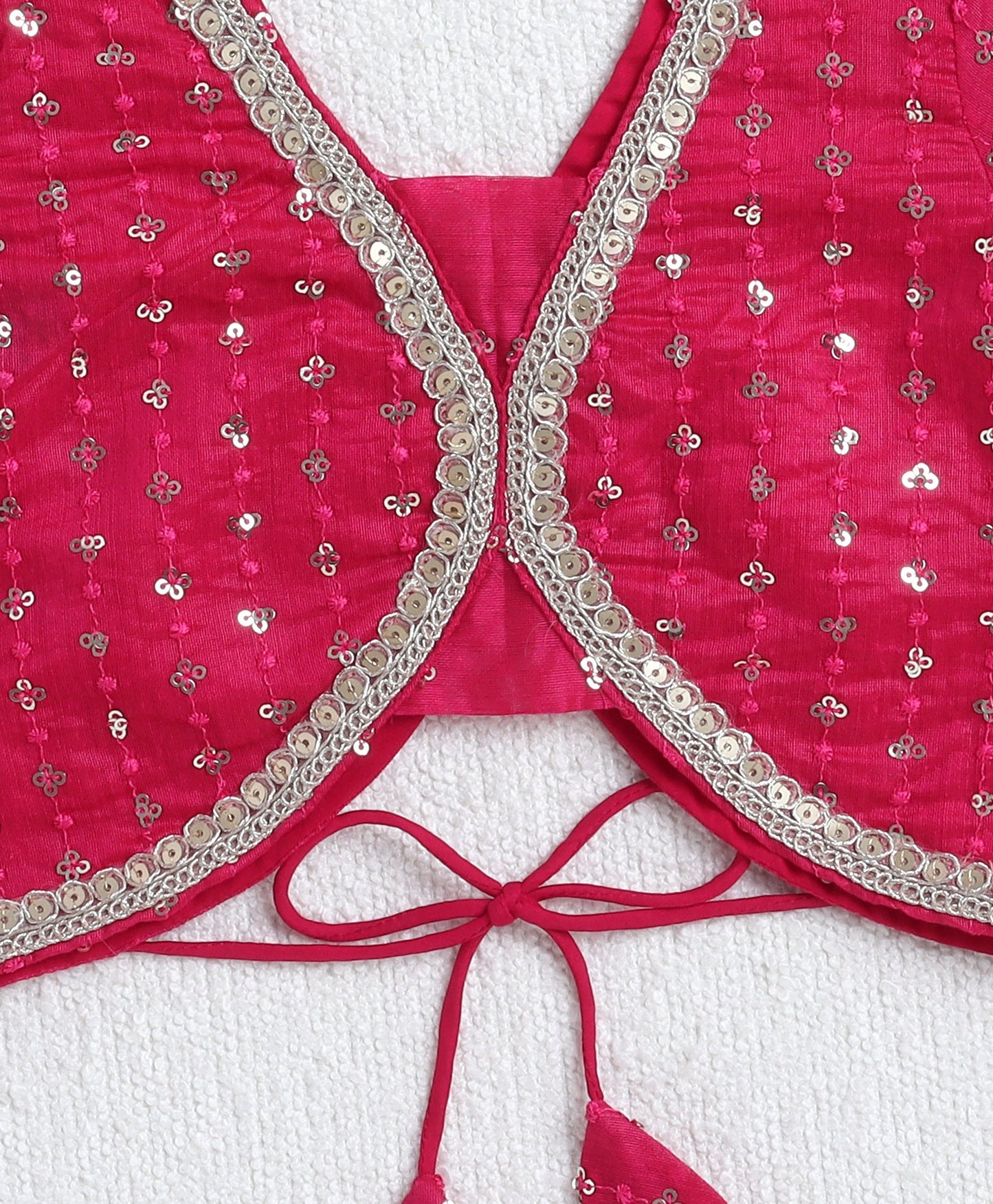 Woven Half Sleeves Sequins work Choli and Foil Lehenga Set with Dupatta-  Fuchsia
