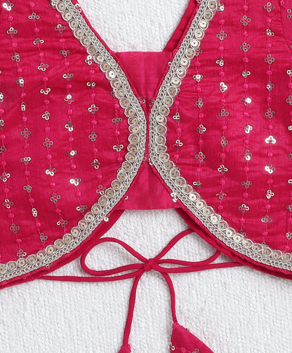 Woven Half Sleeves Sequins work Choli and Foil Lehenga Set with Dupatta-  Fuchsia