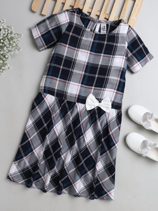 Checked Cap Sleeves Casual Dress With Bow Applique For Girls-Blue, Grey