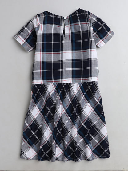 Checked Cap Sleeves Casual Dress With Bow Applique For Girls-Blue, Grey