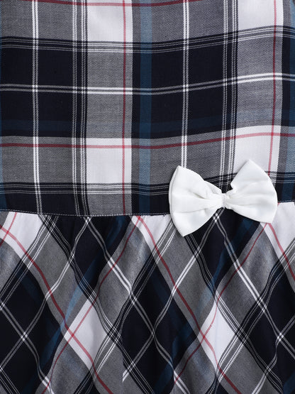 Checked Cap Sleeves Casual Dress With Bow Applique For Girls-Blue, Grey