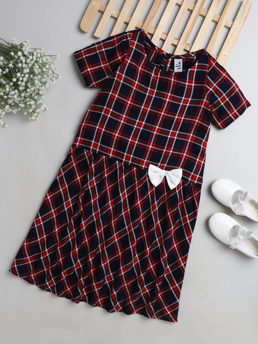 Checked Cap Sleeves Casual Dress With Bow Applique For Girls-Red, Navy Blue