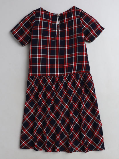Checked Cap Sleeves Casual Dress With Bow Applique For Girls-Red, Navy Blue