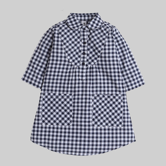 Chex Shirt Collar Full Sleeves Dress-Navy Blue