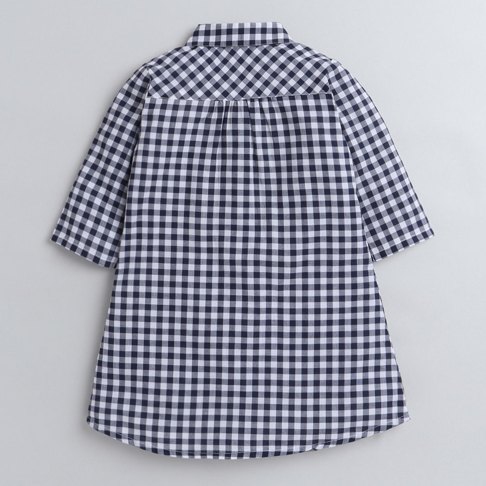 Chex Shirt Collar Full Sleeves Dress-Navy Blue