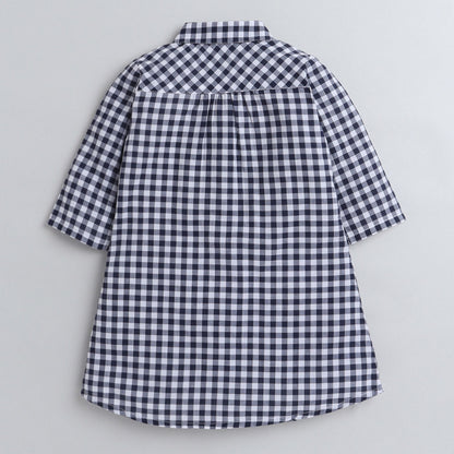 Chex Shirt Collar Full Sleeves Dress-Navy Blue