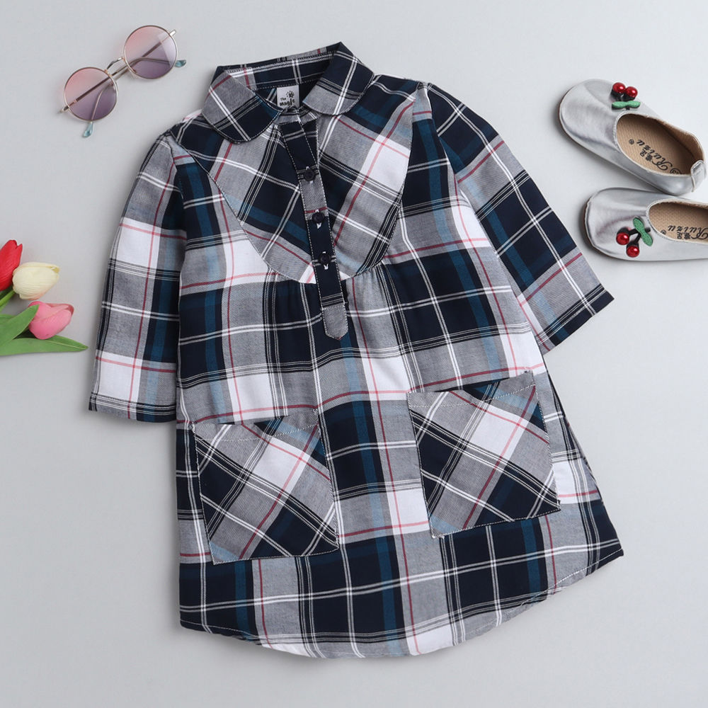 Full Sleeves Checked Shirt Style Dress - Grey