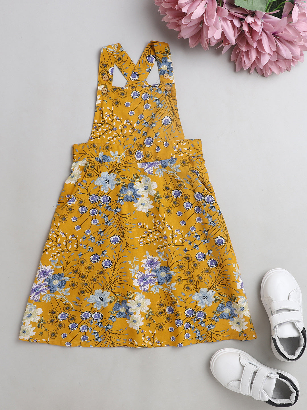 Floral Printed Sleeveless Pinafore Dress-Yellow