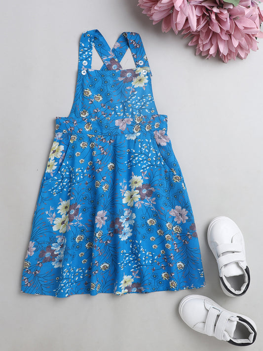 Floral Printed Sleeveless Pinafore Dress-Blue