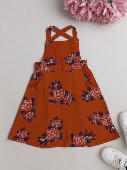 Floral Printed Sleeveless Pinafore Dress-Rust