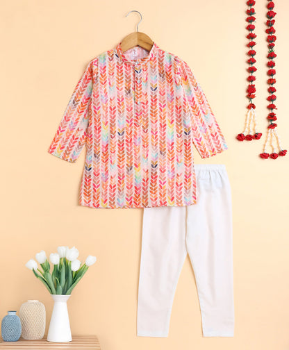 The Magic Wand Woven All Over Printed Full Sleeves Kurta with Pyjama Set - Peach