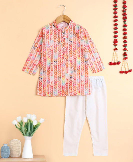The Magic Wand Woven All Over Printed Full Sleeves Kurta with Pyjama Set - Peach