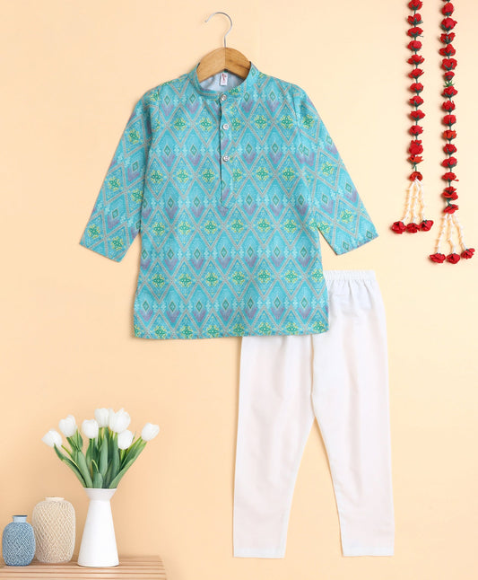 The Magic Wand Woven All Over Printed Full Sleeves Kurta with Pyjama Set - Green