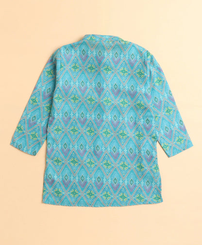 The Magic Wand Woven All Over Printed Full Sleeves Kurta with Pyjama Set - Green
