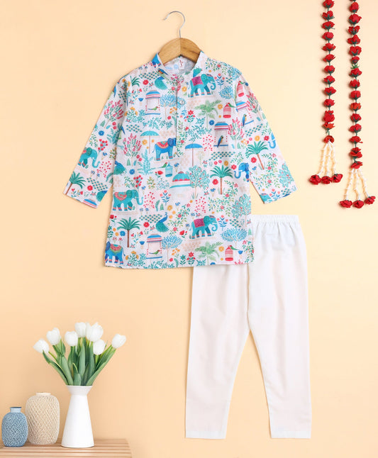 The Magic Wand Woven All Over Printed Full Sleeves Kurta with Pyjama Set - Multi Color