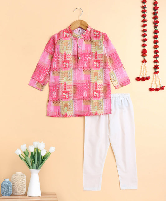 The Magic Wand Woven  All Over Printed Full Sleeves Kurta with Pyjama Set - Pink