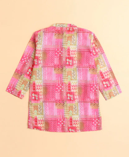 The Magic Wand Woven  All Over Printed Full Sleeves Kurta with Pyjama Set - Pink