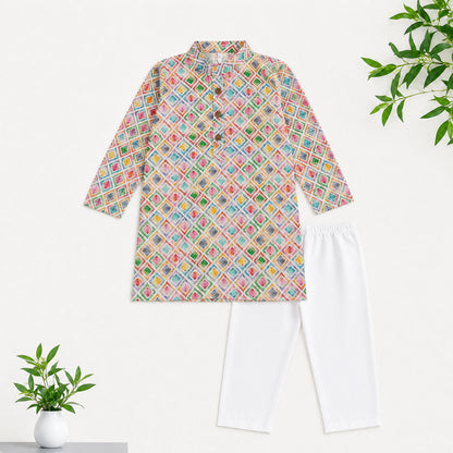 The Magic Wand Woven Full Sleeves Geometric Printed Kurta And Pyjama Set - Multi Colour