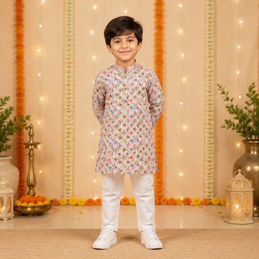 The Magic Wand Woven Full Sleeves Geometric Printed Kurta And Pyjama Set - Multi Colour