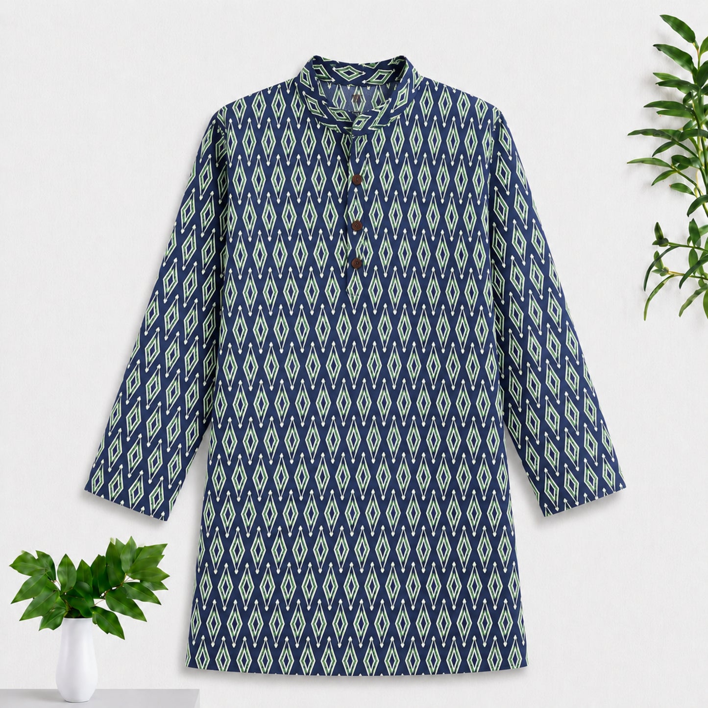 The Magic Wand Woven Full Sleeves Ikat Printed Kurta - Navy Blue