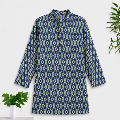 The Magic Wand Woven Full Sleeves Ikat Printed Kurta - Navy Blue