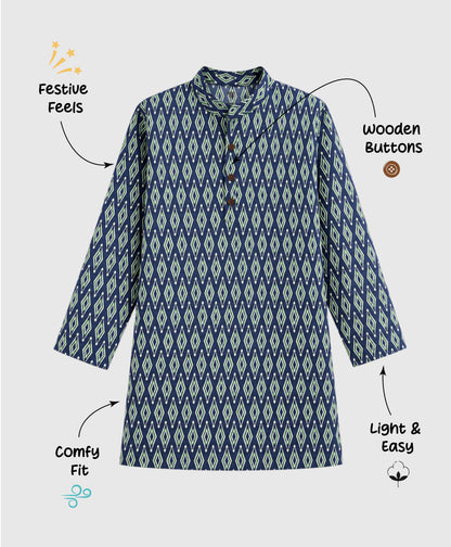 The Magic Wand Woven Full Sleeves Ikat Printed Kurta - Navy Blue