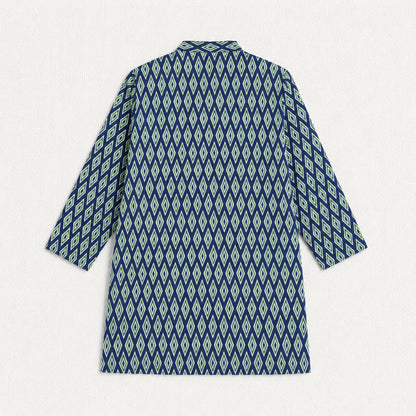 The Magic Wand Woven Full Sleeves Ikat Printed Kurta - Navy Blue