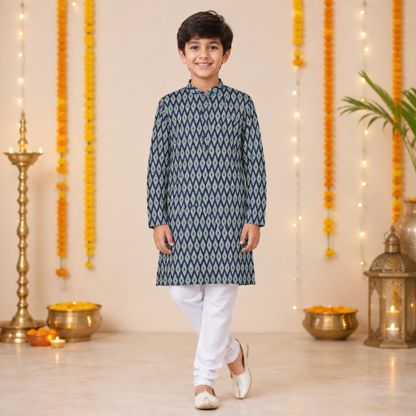 The Magic Wand Woven Full Sleeves Ikat Printed Kurta - Navy Blue