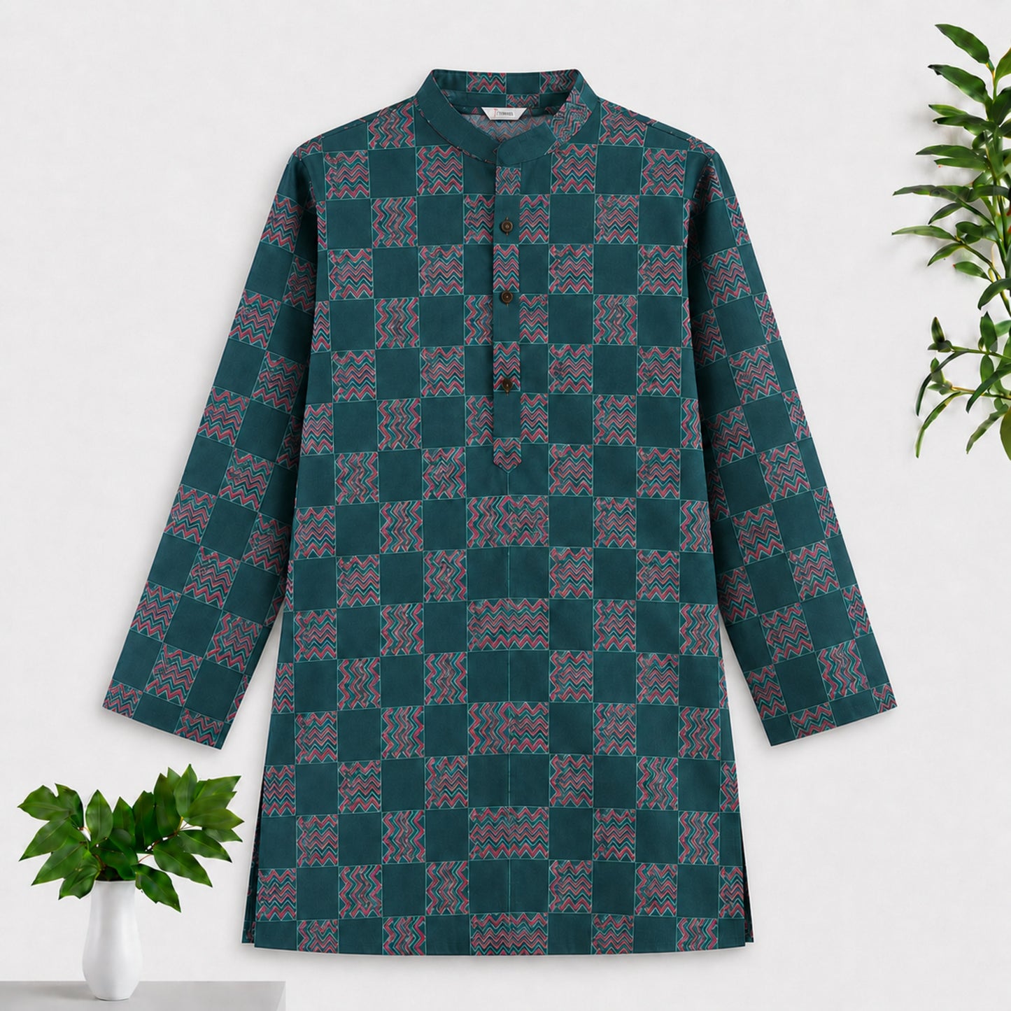 The Magic Wand Woven Full Sleeves Abstract Checkered Printed Kurta - Green