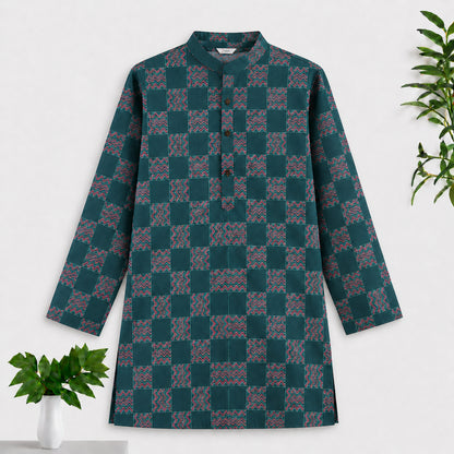 The Magic Wand Woven Full Sleeves Abstract Checkered Printed Kurta - Green