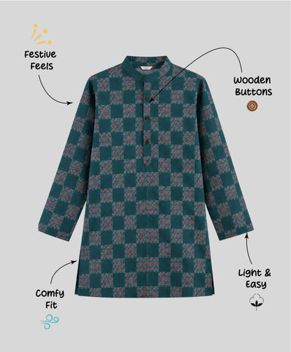 The Magic Wand Woven Full Sleeves Abstract Checkered Printed Kurta - Green
