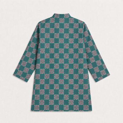 The Magic Wand Woven Full Sleeves Abstract Checkered Printed Kurta - Green