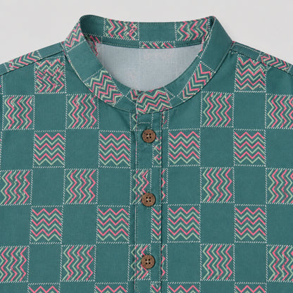 The Magic Wand Woven Full Sleeves Abstract Checkered Printed Kurta - Green