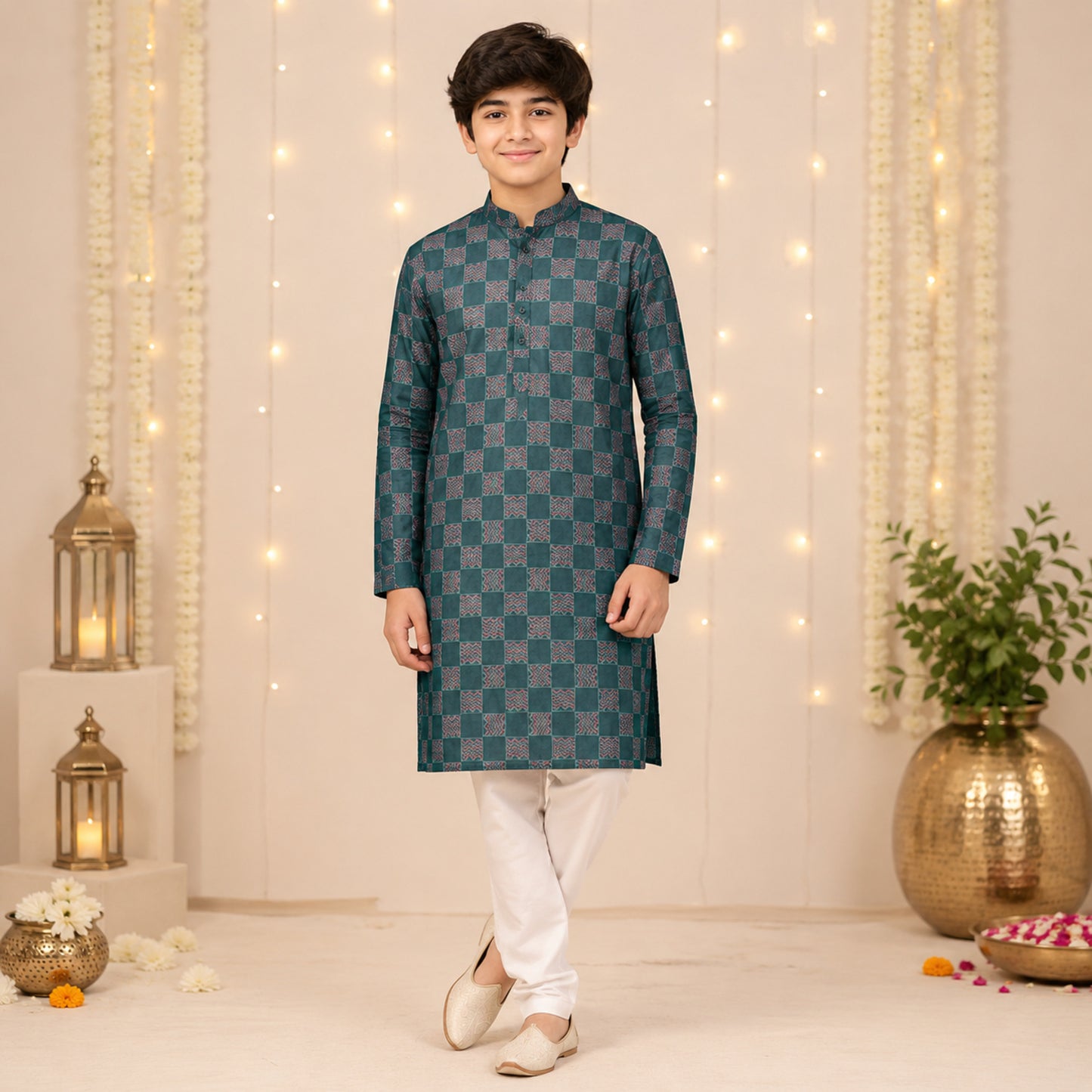 The Magic Wand Woven Full Sleeves Abstract Checkered Printed Kurta - Green