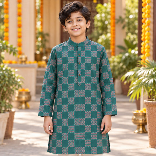 The Magic Wand Woven Full Sleeves Abstract Checkered Printed Kurta - Green