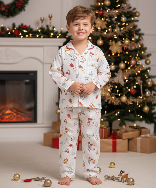 Christmas Theme Rayon Woven Full Sleeves Xmas Candy Cane Coordinating Night Suit Set-White