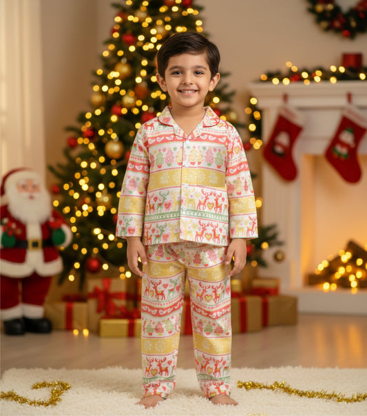 Christmas Theme Rayon Woven Full Sleeves Xmas Tree Printed Coordinating Night Suit Set-Peach