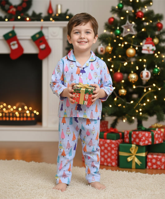 Christmas Theme Woven Full Sleeves Xmas Tree Printed Coordinating Night Suit Set-Blue