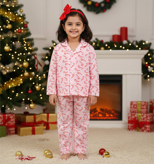 Christmas Theme Woven Full Sleeves Xmas Candy Cane Printed Coordinating Night Suit Set-Pink