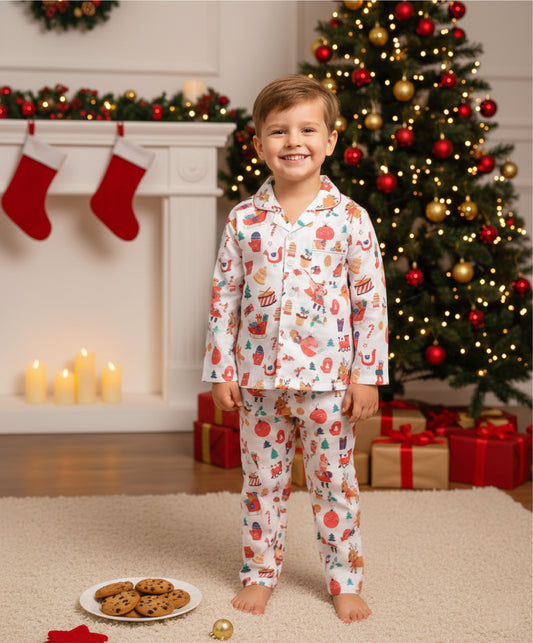 Christmas Theme Woven Full Sleeves Xmas Tree Printed Coordinating Night Suit Set-White