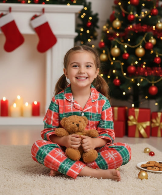 Christmas Theme Woven Full Sleeves Snowflakes Printed Coordinating Night Suit Set-Red