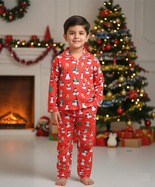 Christmas Theme Woven Full Sleeves Penguin Printed Coordinating Night Suit Set-Red