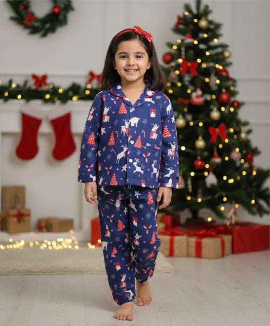 Christmas Theme Woven Full Sleeves Xmas Tree Printed Coordinating Night Suit Set-Navy Blue