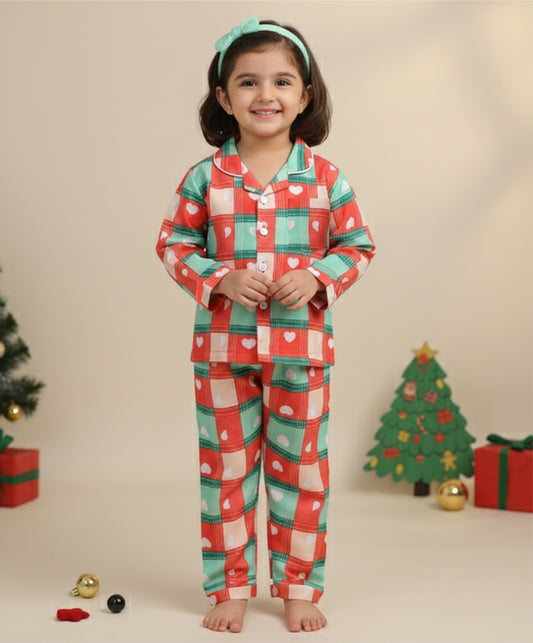 Christmas Theme Woven Full Sleeves Hearts Printed Coordinating Night Suit Set-Red